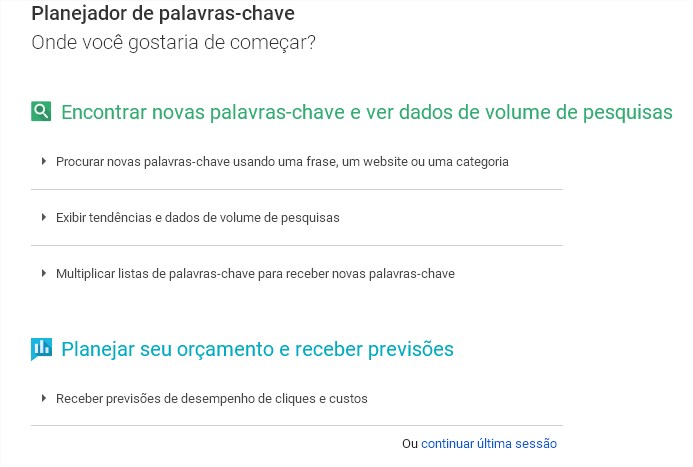 Google Adwords Key Word Planner Planejador de Palavras-chave Opções